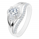 Inel de logodnă din argint 925, floare din zirconiu transparent și linie din zirconii mici - Marime inel: 46