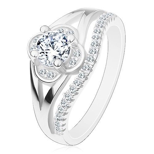 Inel de logodnă din argint 925, floare din zirconiu transparent și linie din zirconii mici - Marime inel: 53