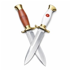 Set de doua cutite de vanatoare, teaca din piele naturala, lama 440C, maner acrilic full tang, 26 cm, alb/maro