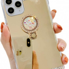 Husa silicon oglinda , inel si pietricele Iphone 13 Mini , Auriu