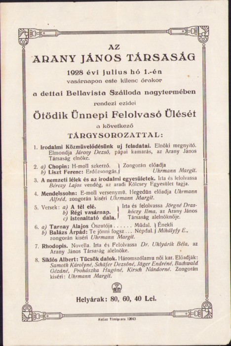 HST A886 Invitație 1928 Arany Janos Tarsasag Deta Timiș Banat