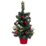 Brad de Crăciun Decorativ, Model Cu Globuri, Lumini LED Albe Cald, &Icirc;nălțime 50cm, Ghiveci Roșu, Oem