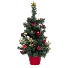 Brad de Crăciun Decorativ, Model Cu Globuri, Lumini LED Albe Cald, &Icirc;nălțime 50cm, Ghiveci Roșu