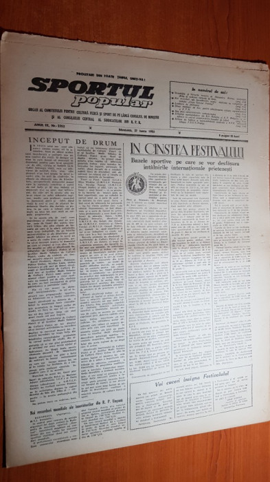 sportul popular 27 iunie 1953-fotbal CCA-progresul,natatie,ciclism,tenis,rugby