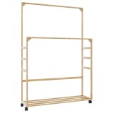 Suport pentru haine cu rafturi si roti 90x35x155 cm bambus