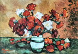 Cumpara ieftin Dragoş GHEORGHIU-Vas cu garoafe, pictură &icirc;n ulei (1989), Flori, Impresionism