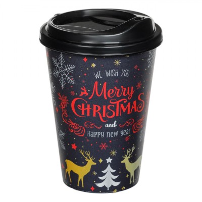 Pahar Crăciun, Model Fulgi De Nea și Reni, Culoare Multicolor, Capacitate 500ml, Diametru 9cm x &amp;Icirc;nălțime 13cm, Plastic, Negru foto