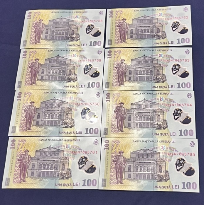 8 x 100 Lei 2024 (2018) serii consecutive 243N7665758 - 243N7665765 UNC necirculate **
