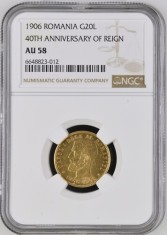 Moneda AUR 20 lei 1906, Carol I, AU58, certificata si gradata de NGC, RARA