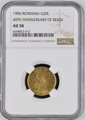 Moneda AUR 20 lei 1906, Carol I, AU58, certificata si gradata de NGC, RARA