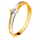Inel cu diamant din aur 585, diamant strălucitor transparent, brațe despicate bicolore - Marime inel: 50