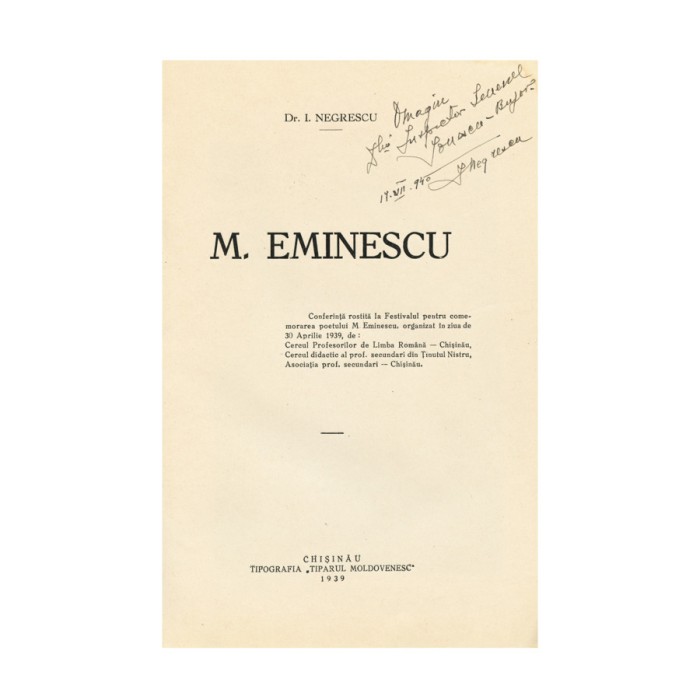 Dr. I. Negrescu, M. Eminescu, conferință, cu dedicație