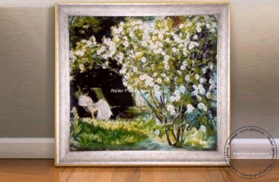 Tablou peisaj de primavara cu femeie in gradina cu trandafiri albi 82x75cm. foto