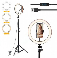 Lampa LED circulara tip ring-light bicolor cu stativ, suport de telefon si telecomanda, ideala pentru vlogging,TikTok, foto, video, making-up tutorial foto