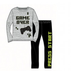 Pijama copii, cu maneca si pantalon lung, Game Over, 100% Bumbac, Gri Negru