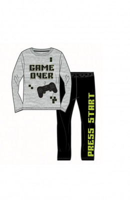 Pijama copii, cu maneca si pantalon lung, Game Over, 100% Bumbac, Gri Negru foto