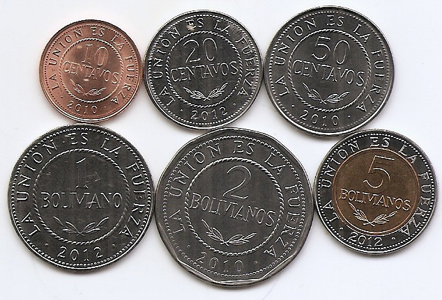 Bolivia Set 6 - 10, 20, 50 Centavos, 1, 2, 5 Bolivianos 2010/12 - B11, UNC !!!