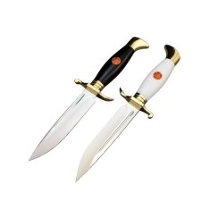 Set doua cutite de vanatoare, teaca din piele naturala, lama 440C, maner acrilic full tang, 26 cm, alb - negru