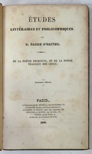 ETUDES LITTERAIRES ET PHILOSOPHIQUES par D. FABRE D&#039; OLIVET , 1835
