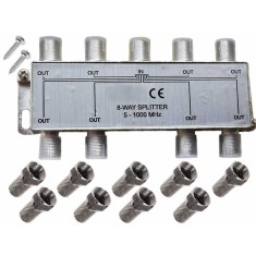 Spliter antenă TV, Active, multiplicator cablu coaxial RF, 8 Iesiri + 1 Intrare, mufe legatură incluse