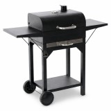 Gratar pe carbuni pentru gradina cu capac, termometru si rafturi laterale, din otel si fonta, 51x34 cm, negru Household NewTrend