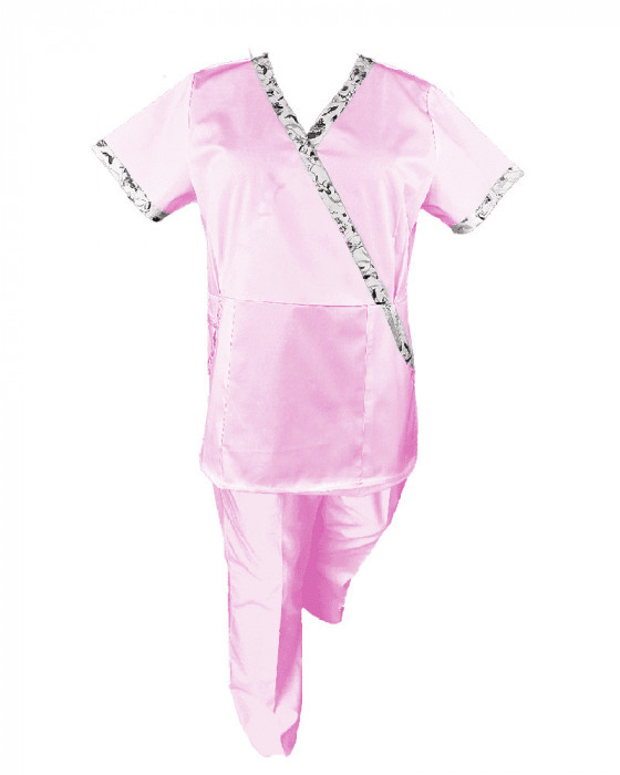 Costum Medical Pe Stil, Roz deschis cu Elastan cu Garnitură Stil Japonez, Model Marinela - 4XL, L