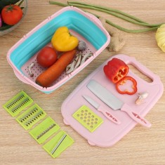 Set multifunctional bucatarie cu tocator si cos scurgere pliabil, tocator legume si fructe cu scurgator incorporat