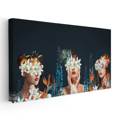 Tablou colaj trei femei cu flori pe ochi 2117 Tablou canvas pe panza CU RAMA 30x60 cm foto