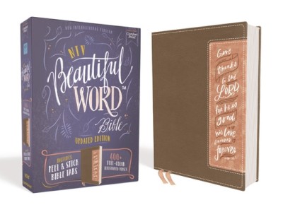 Niv, Beautiful Word Bible, Updated Edition, Peel/Stick Bible Tabs, Leathersoft, Brown/Pink, Red Letter, Comfort Print: 600+ Full-Color Illustrated Ver foto