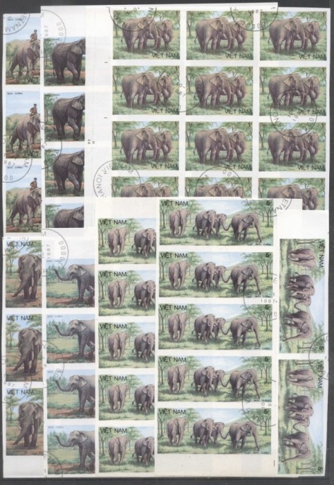 Vietnam 1987 Elephants, 12 imperf. set in block, used T.220