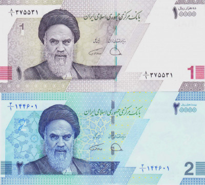 Bancnota Iran 10.000 si 20.000 Riali ( 1 si 2 Riali noi ) (2022) - UNC (set x2) foto