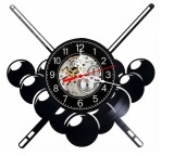 Ceas de perete decorativ realizat din disc de vinil, Model Biliard Snooker Tacuri Bile Joc, Negru, 30 cm