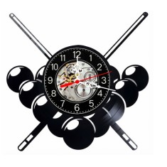 Ceas de perete decorativ realizat din disc de vinil, Model Biliard Snooker Tacuri Bile Joc, Negru, 30 cm