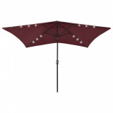 Umbrelă de soare cu st&acirc;lp din oțel &amp; LED-uri, roșu bordo, 2x3 m, vidaXL