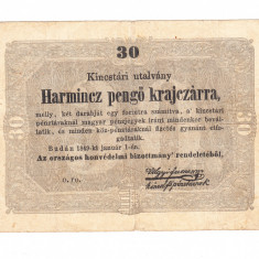 Bancnota Ungaria 30 pengo krajczar 1 ianuarie 1849, stare relativ buna