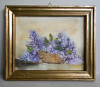 Flori / Cos cu liliac - Miniatura originala ulei pe panza cu rama 26x22cm, Impresionism