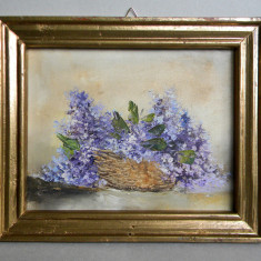 Flori / Cos cu liliac - Miniatura originala ulei pe panza cu rama 26x22cm
