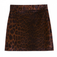 Fusta mini pentru sezonul rece toamna - iarna, din catifea cu talia marcata si inchidere cu fermoar lateral, leopard, maro, L