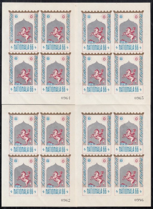 ROMANIA 1966 EXPOZITIA FILATELICA &rdquo;NATIONALA 66&rdquo; 4 COLITE NEDANTELATE NUMEROTATE FOND ARGINTIU GUMA ORIGINALA
