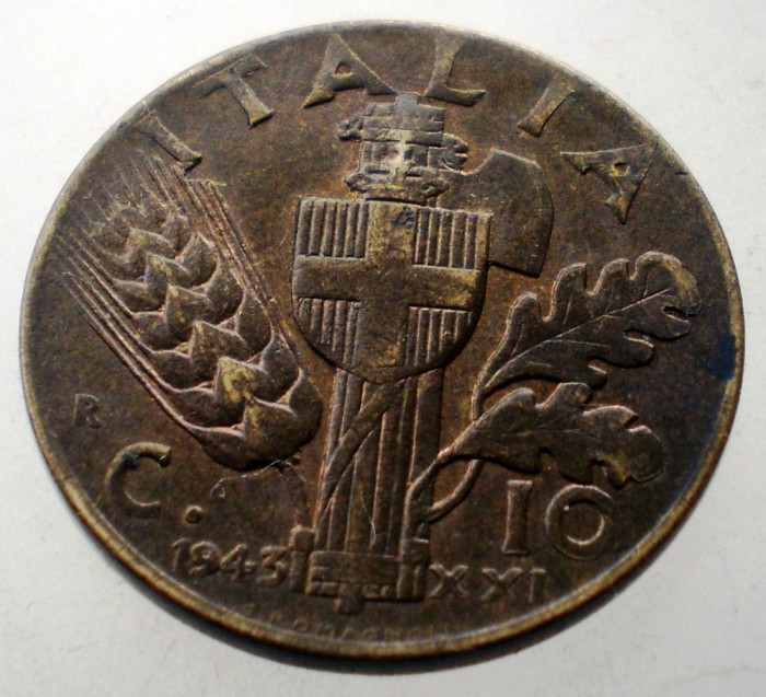 1.931 ITALIA WWII VITTORIO EMANUELE III 10 CENTESIMI 1943 R XF