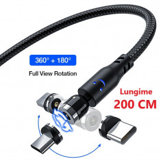 Cablu de incarcare Premium 3in1 Magnetic cu LED si rotatie la 540° USB-C, MicroUSB si Lightning iPhone, 3 Conectori 360 Hotriple