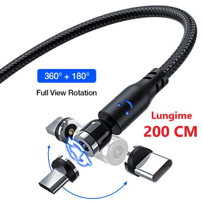 Cablu de incarcare Premium 3in1 Magnetic cu LED si rotatie la 540&amp;deg; USB-C, MicroUSB si Lightning iPhone, 3 Conectori 360 Hotriple foto