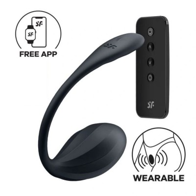 Ou Vibrator Ribbed Petal Satisfyer Free App, Telecomanda Wireless, Silicon, Negru, 23 cm foto