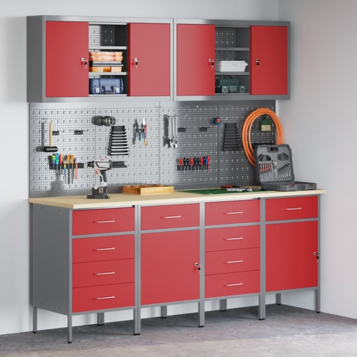 Set dulap lucru &amp; panou c&acirc;rlige, 10 piese, roșu, MDF &amp; metal