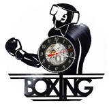 Ceas de perete decorativ disc vinil, Model Boxeur Boxing, Manusi Box, Casca, Negru, 30cm