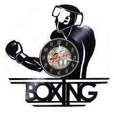 Ceas de perete decorativ realizat din disc de vinil, Model Boxeur Boxing, Manusi de Box, Casca Protectie, Negru, 30 cm
