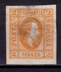 ✅ RO 1865 ,LP 15 c ,&quot;Al.-Ioan Cuza in oval &quot;, 2 par portocaliu / hartie vargata , negumat , subtieri