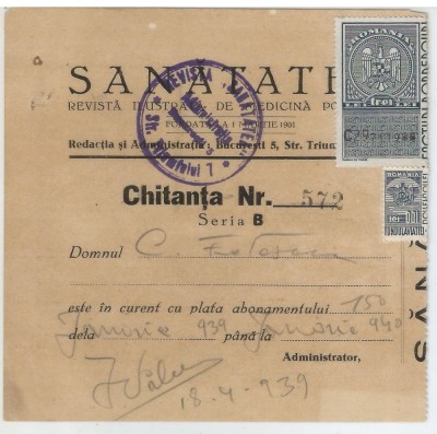Romania, Sanatatea, Revista ilustrata de medicina populara, Chitanta, Bucuresti, 1939 foto
