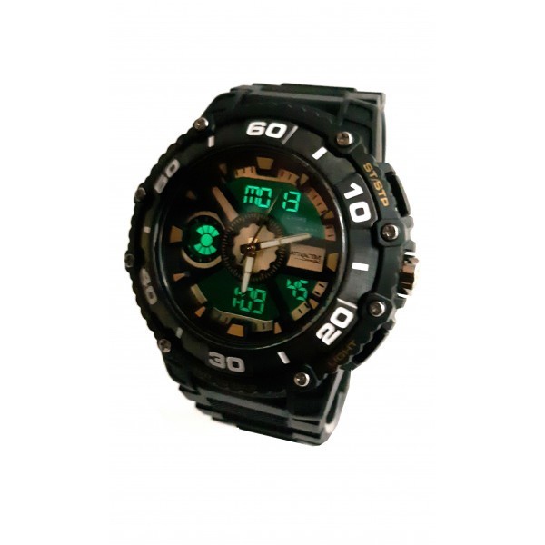 Ceas de mana barbati sport Q&amp;Q Dual Time, cu sistem digital si analog negru cu auriu - TA9034