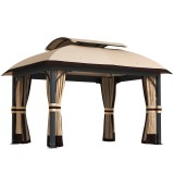 Outsunny Pavilion de grădină, 3,3 x 4 m cort de grădină cu draperii din plasă, acoperiș &icirc;n două niveluri, acoperire din piele ecologică, cadru metalic